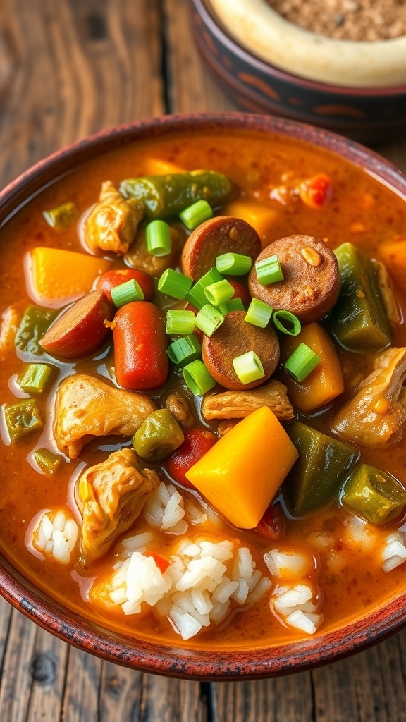 A bowl of gumbo with sausage, chicken, and okra over rice, garnished with green onions on a wooden table.